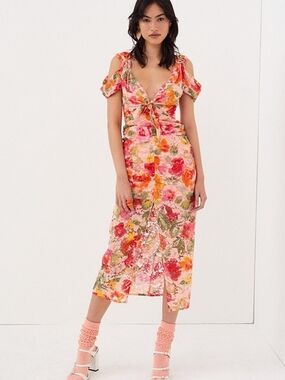 For Love and Lemons Beth Midi Floral Lace Dress in Pink